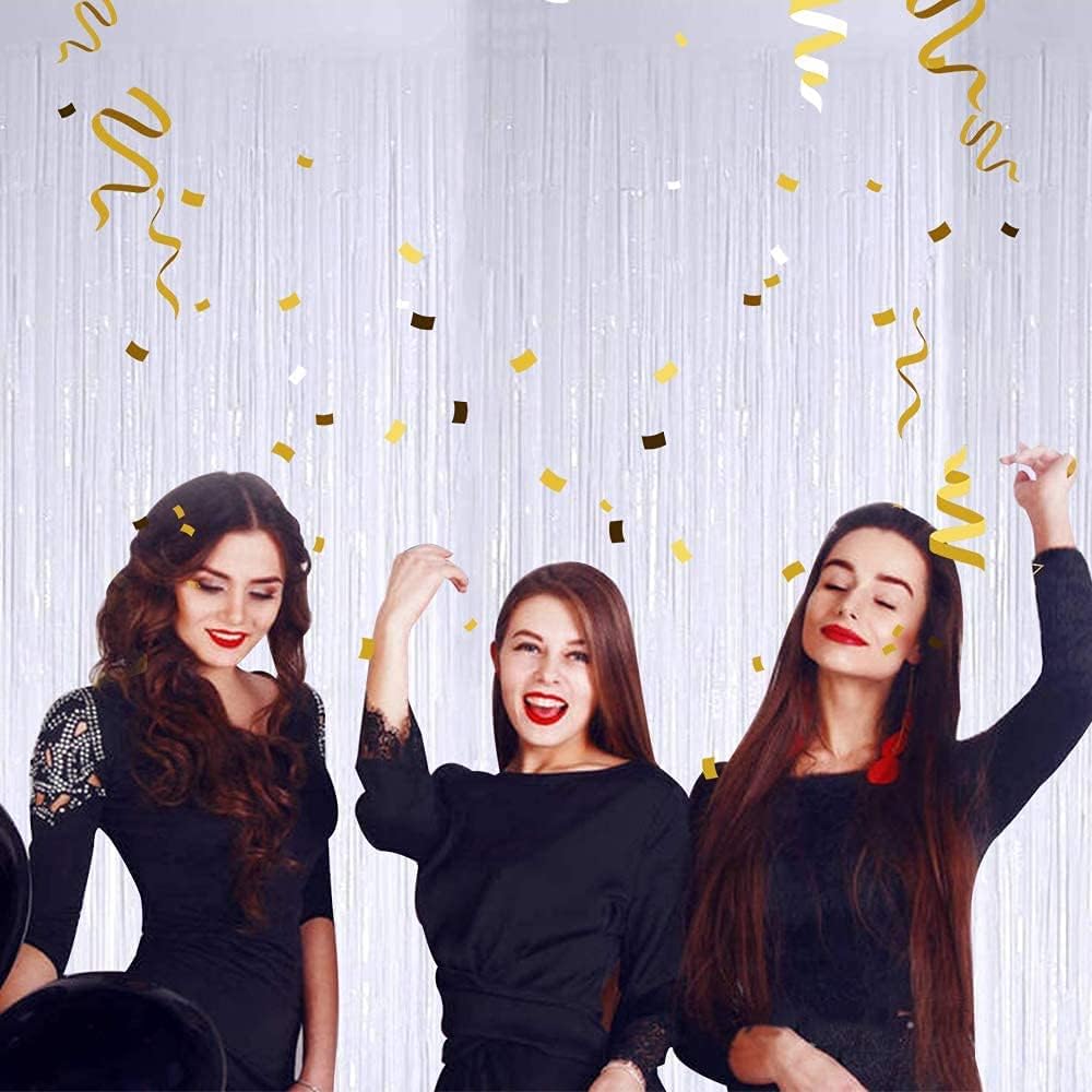 3Pcs White Metallic Tinsel Foil Fringe Curtains,3.2ft*8ft Gold Photo Booth Backdrop Streamer,Photo