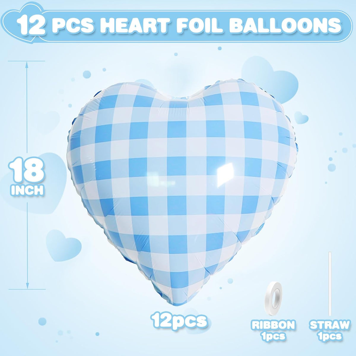 Blue White Checkered Heart Balloons,12Pcs 18Inch Light Blue Grid Heart Shaped Foil Helium Polyester