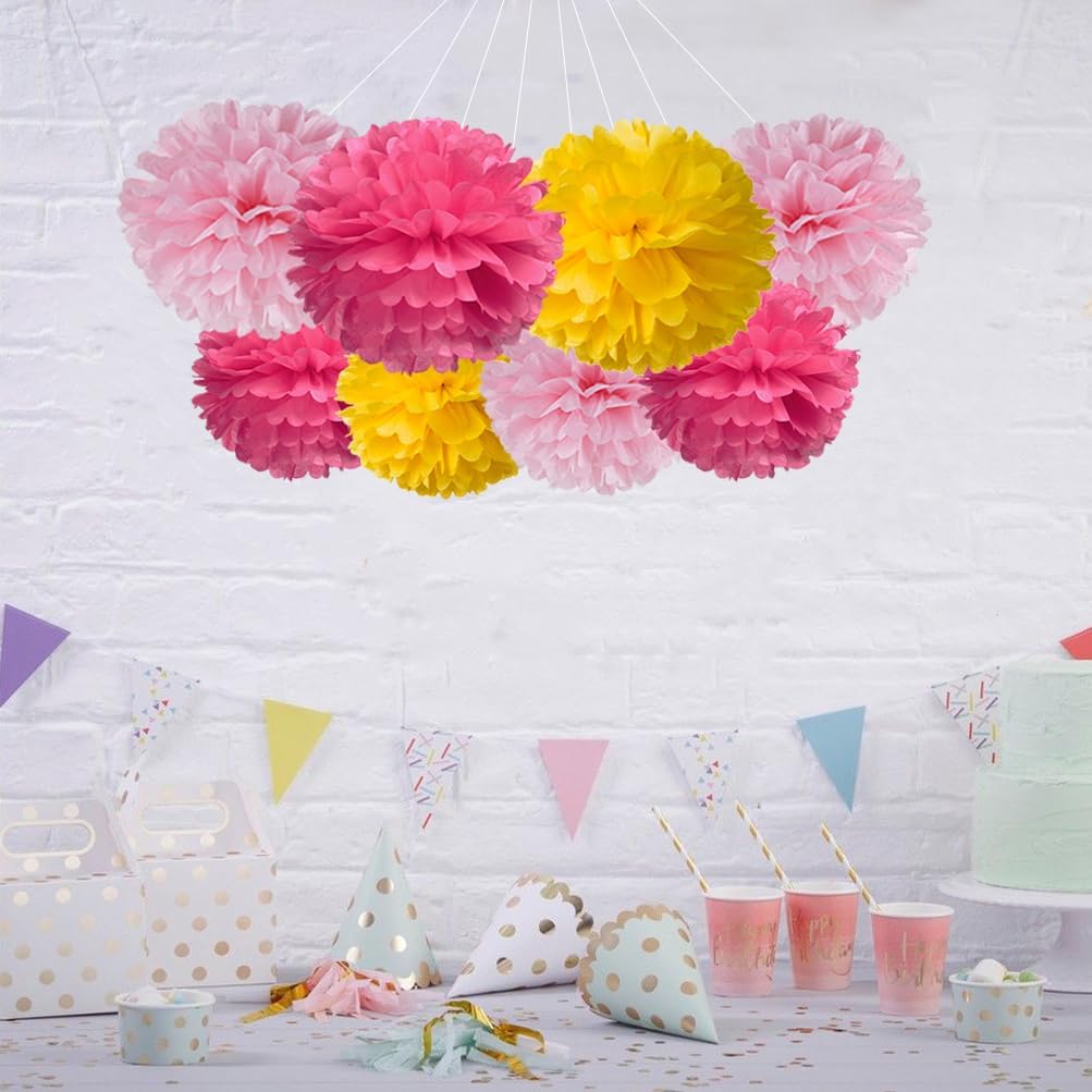 Hot Pink Yellow and Pink Tissue Paper Pom Poms Flower for Baby Shower Spring Summer Birthday