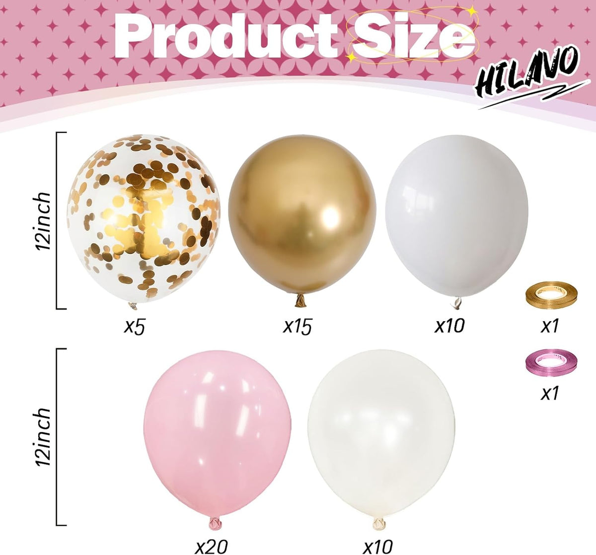 Pink Gold Balloons Set, 60Pcs 12 Inch Pastal Baby Pink Metallic Gold White Balloon with Gold