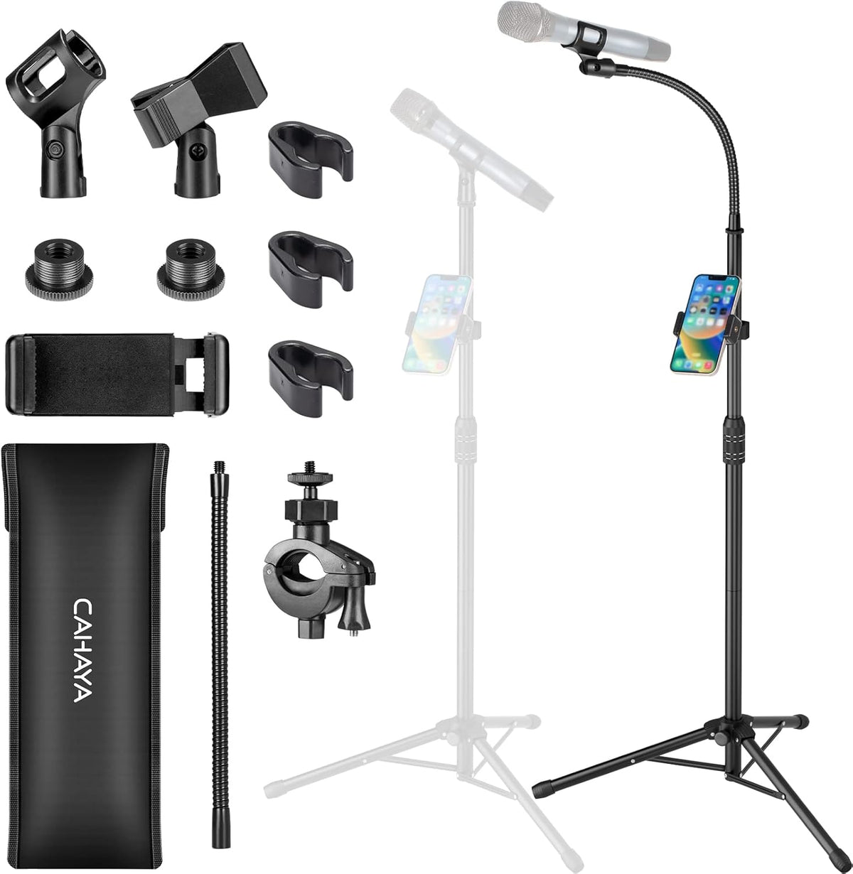 CAHAYA Dual-use Tripod Microphone Stand with Phone Holder Gooseneck Floor Mic Stand Portable with