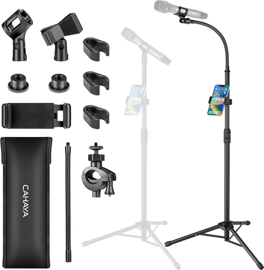 CAHAYA Dual-use Tripod Microphone Stand with Phone Holder Gooseneck Floor Mic Stand Portable with