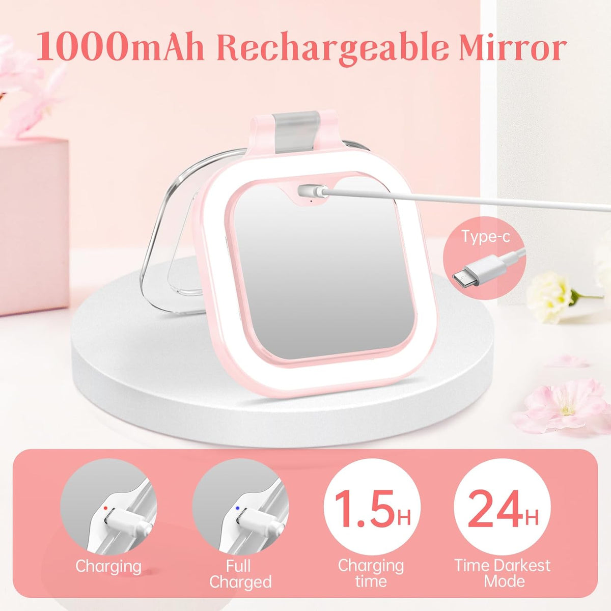 Compact Travel Makeup Mirror with Lights, 1X/30X Double-Sided Magnifying Mirror, 3 Color LED