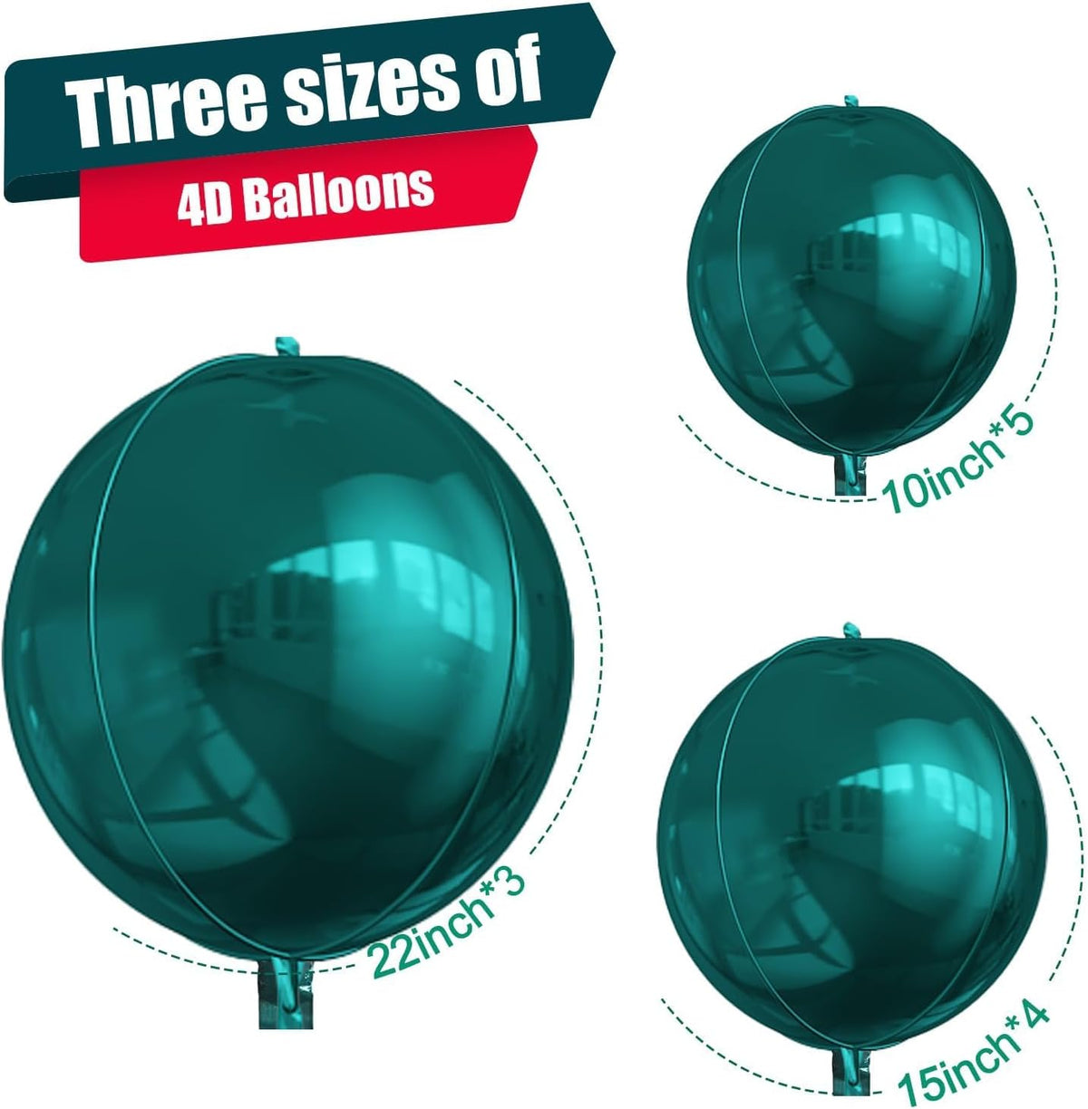 12Pcs Dark Green Round Foil Balloons, 22" 15" 10" 4D Helium Ball Balloon, Metallic Green Foil