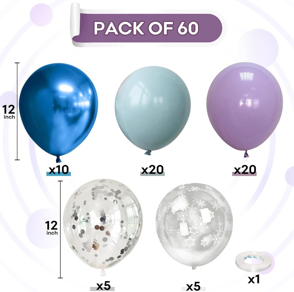 60Pcs Snowflake Balloons, Dusty Light Blue Purple Metallic Dark Blue Snowflake Clear Silver