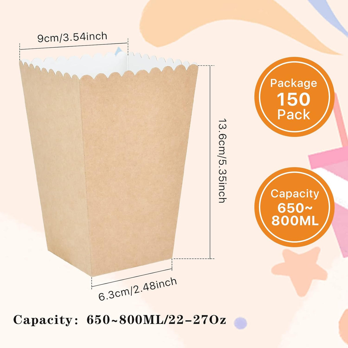 150 Pcs Popcorn Boxes, 22-27 Oz Mini Paper Popcorn Box, Oil-Proof Kraft Paper Popcorn Bags, Popcorn
