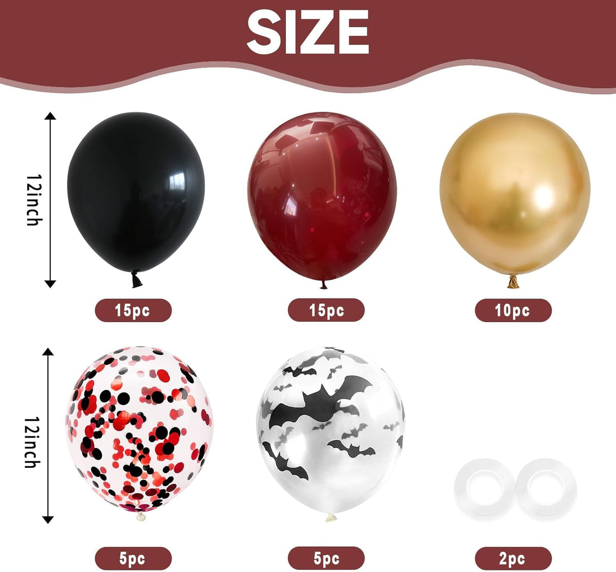 Black Burgundy Balloons, 52 PCS Burgundy Gold Balloons, 12 Inch Red Black Latex Balloon with