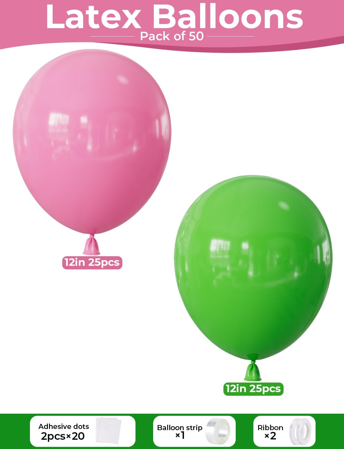 Pink and Green Balloons - Latex Balloons 12 Inch Dark Pink Balloon Green Party Balloon for Girl