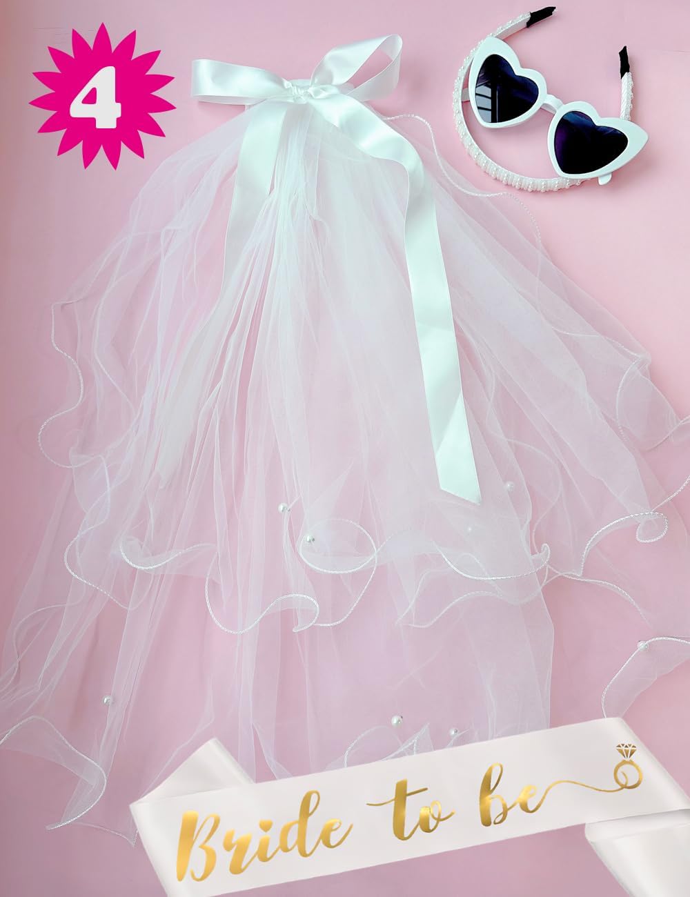 Bridal Veil with Headband Sash Glasses 4 PCS Bachelorette Party Decorations Bridal Shower Supplies