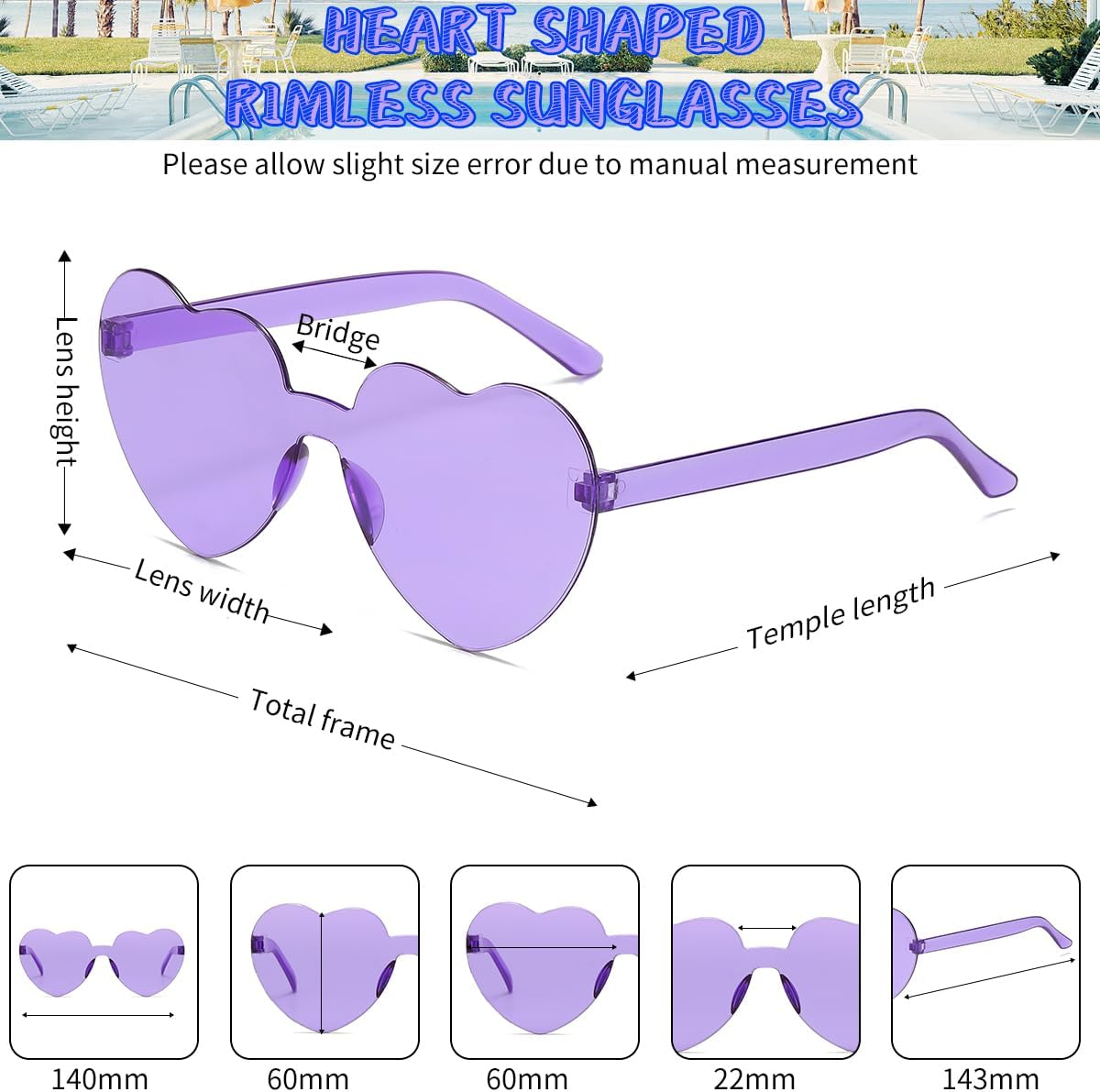 12/20/24 Pairs Heart Sunglasses for Women Men, Trendy Heart Shaped Rimless Transparent Sunglasses