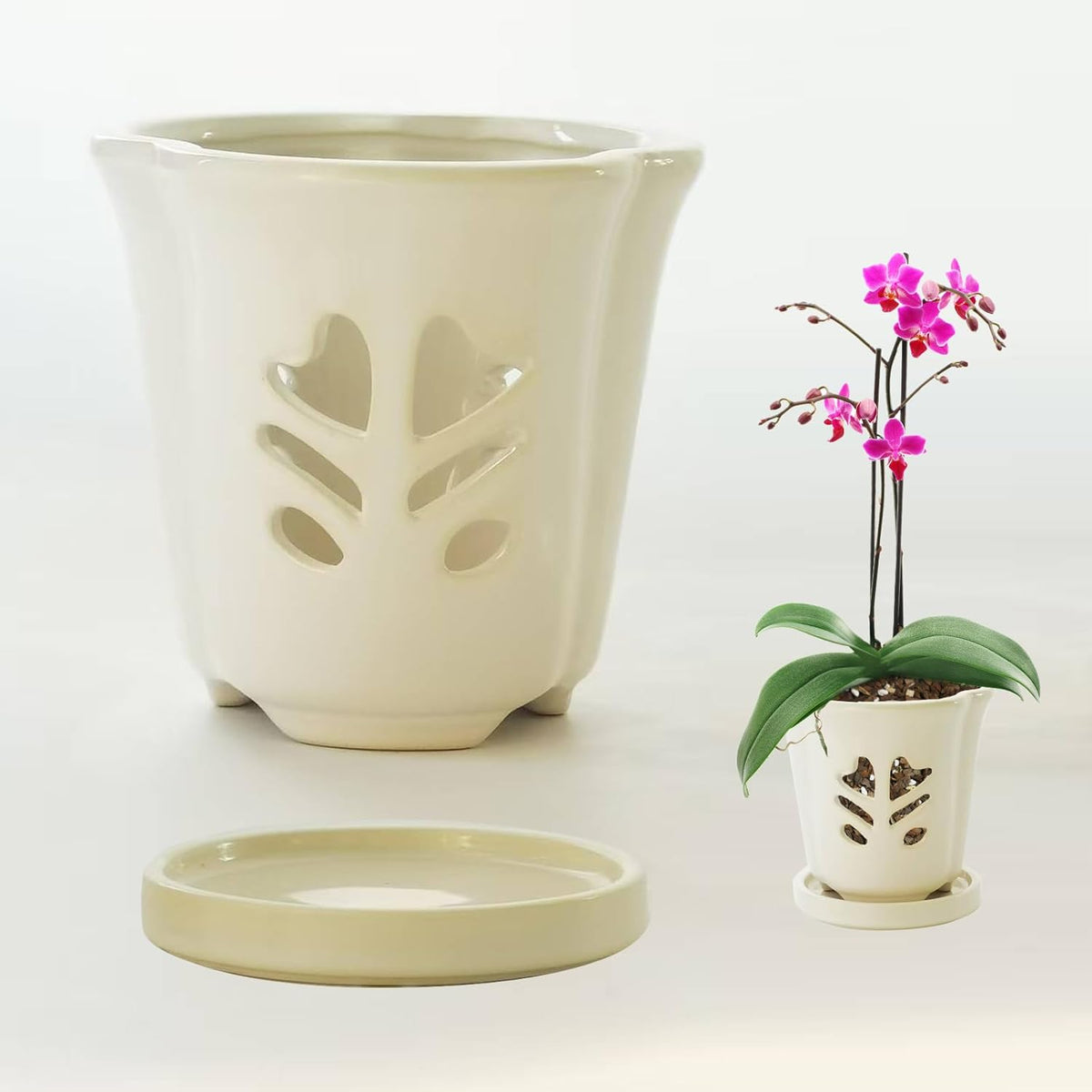 Ceramic Orchid Pot 4 Inch, Orchid Pots with Holes, Orchid Pot for Repotting, Beatiful Ice Cracked