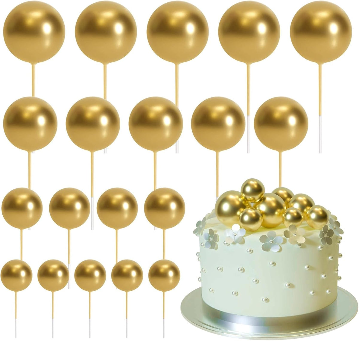 ASTARON 20 Pcs Ball Cake Topper Decorations Mini Balloons Cake Topper Sticks Gold Cake Picks Cake