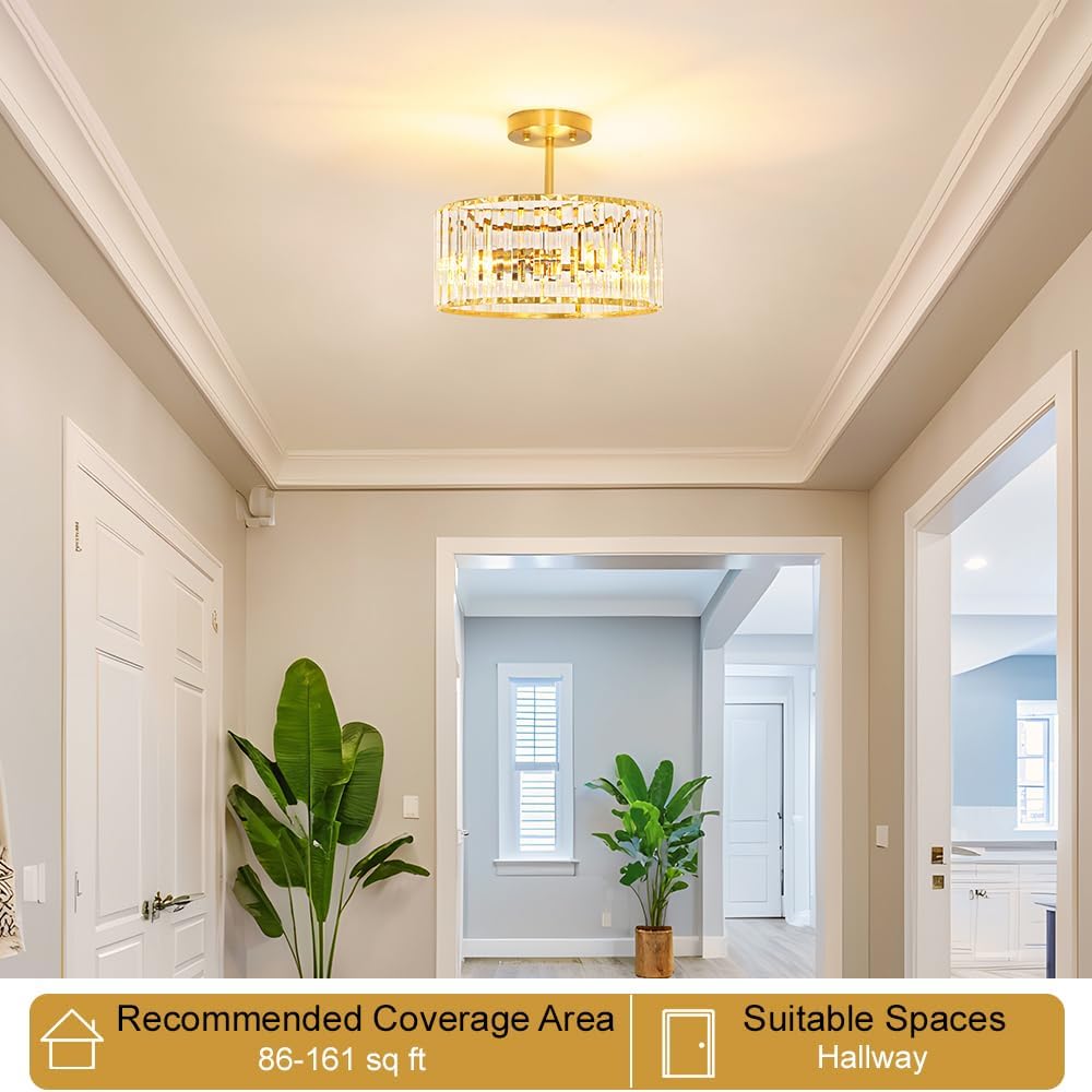 Modern Crystal Ceiling Light, Brushed Gold Semi Flush Mount Ceiling Lighting Fixture, Brass Hallway