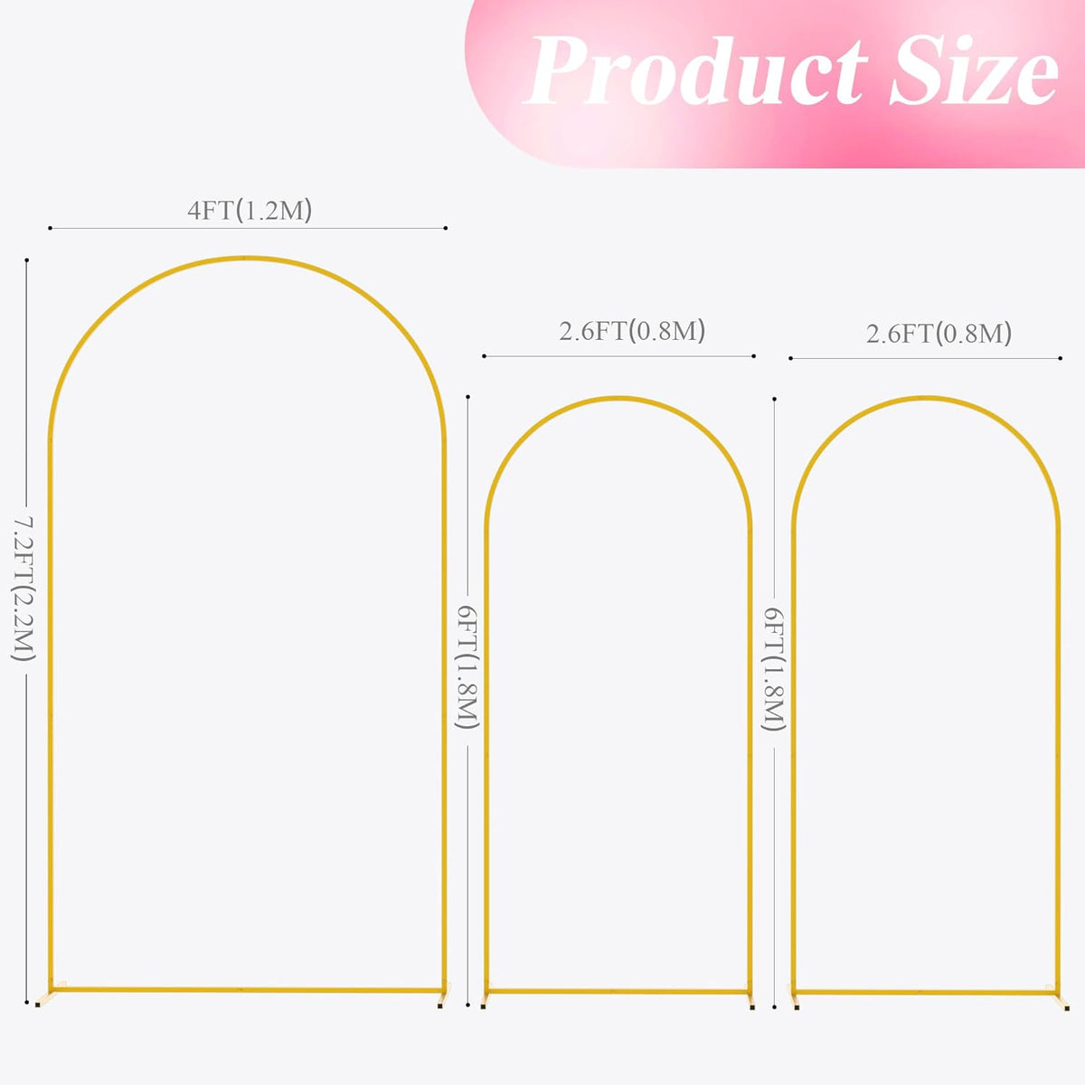 Wokceer Wedding Arch Backdrop Stand (7.2FT,6FT,6FT) Set of 3 Gold Metal Wedding Arch Stand for