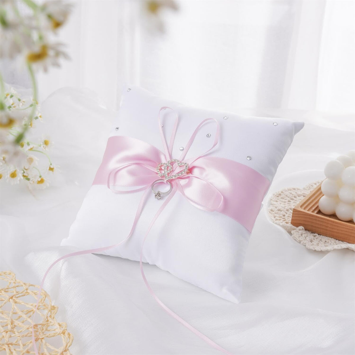 QIRMIZI Ring Pillow,Pearls Ring Cushion, Ring Bearer, Ring Holder for Beach Wedding, Wedding