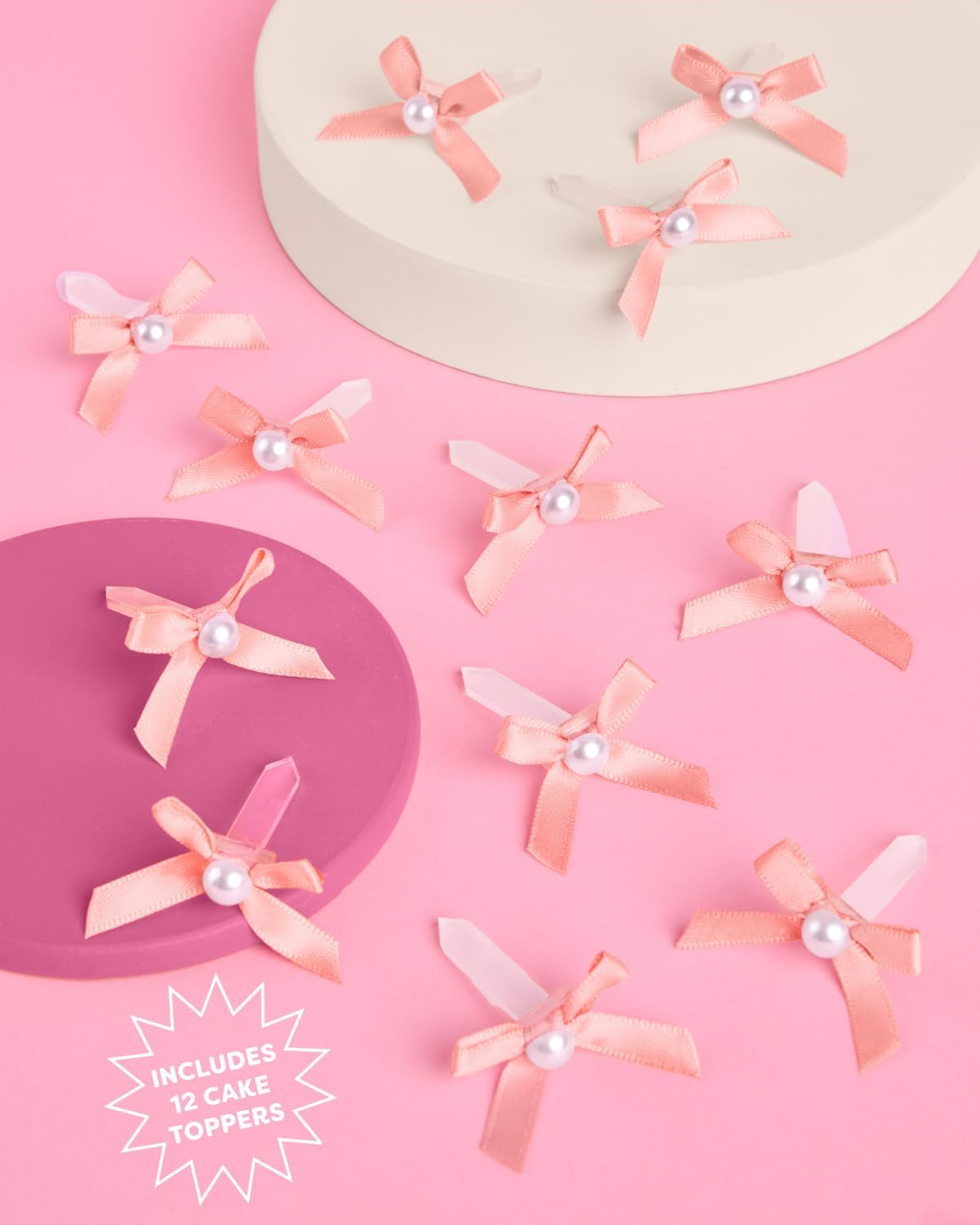 xo, Fetti Mini Pink Bow + Pearl Cake Toppers | 12 pcs | Bachelorette Party Decoration, Birthday