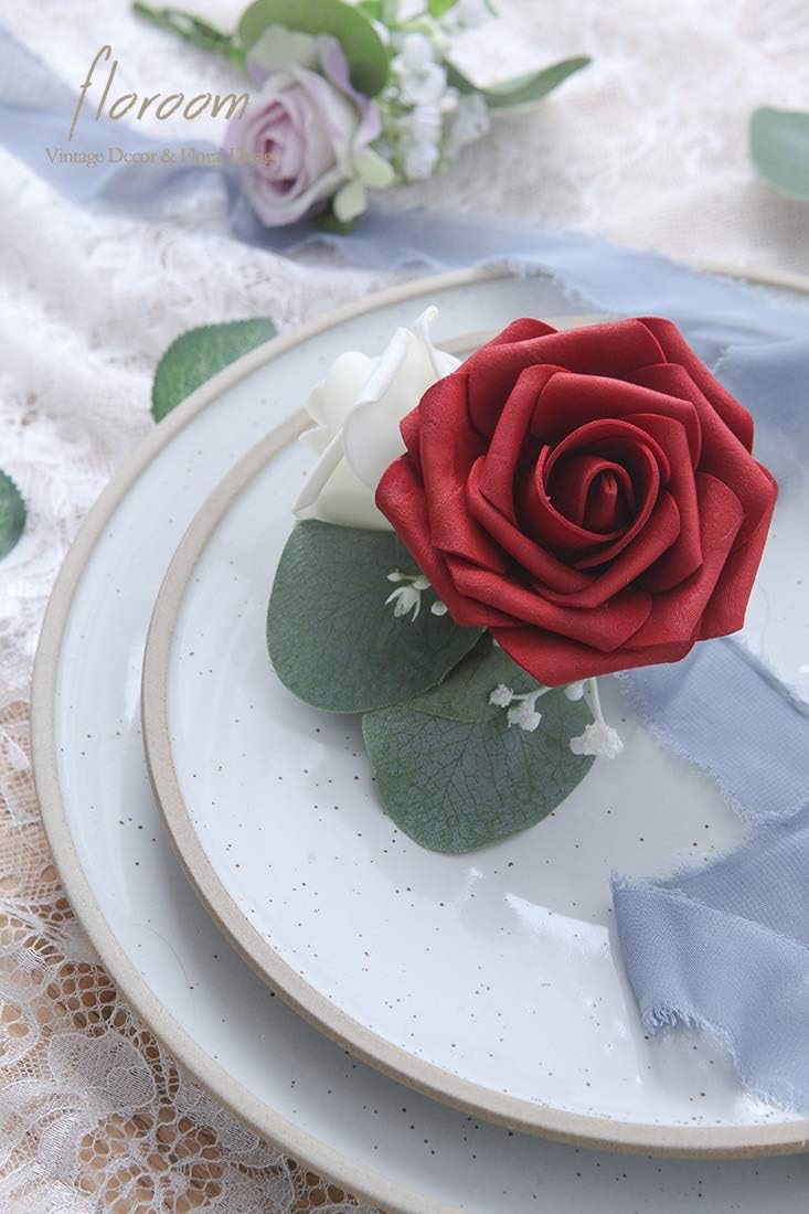 Floroom Artificial Flowers 50pcs Real Looking Dark Red Foam Fake Roses with Stems for DIY Wedding