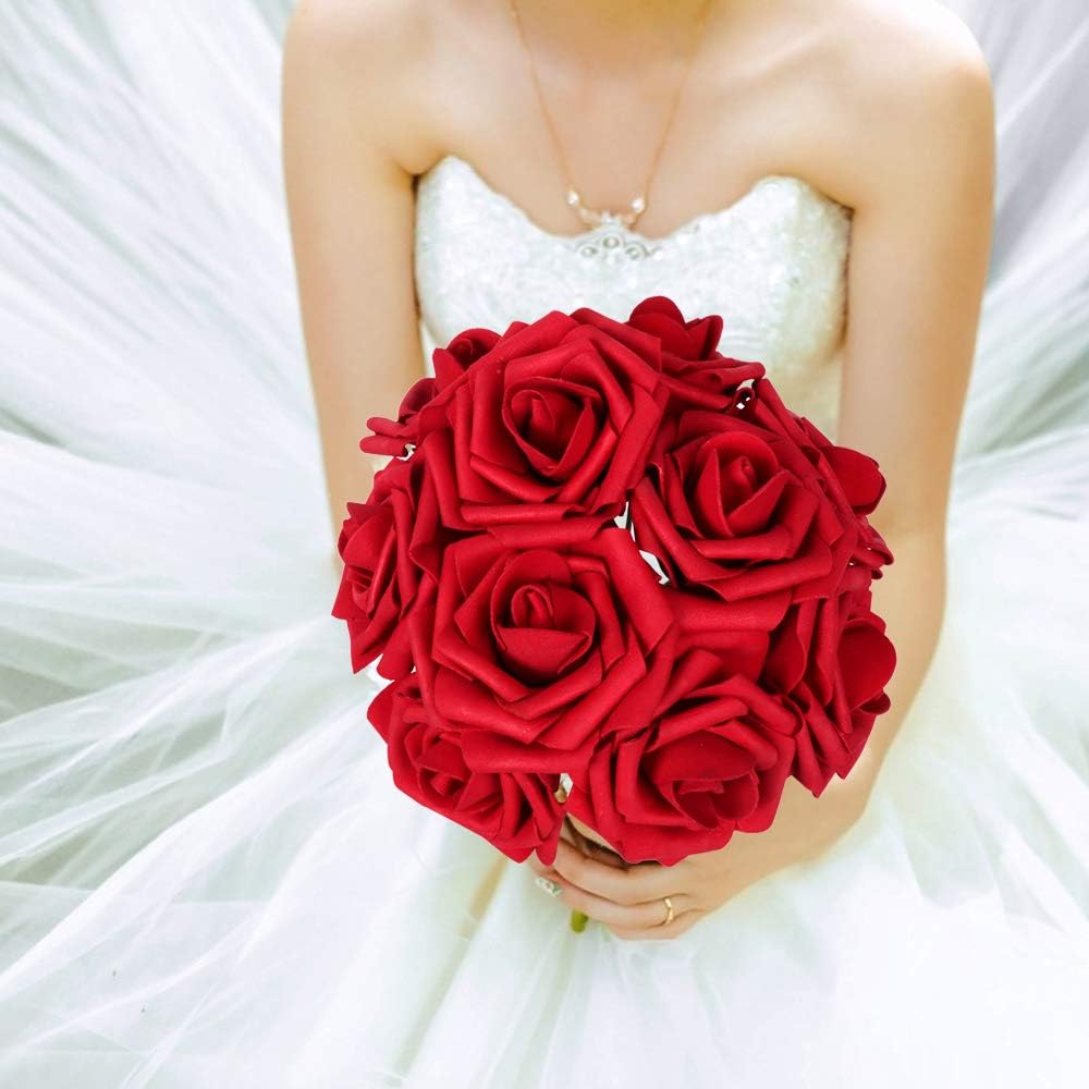 AmyHomie Artificial Flowers Dark Red Rose 50pcs Real Looking Fake Roses w/Stem for DIY Wedding