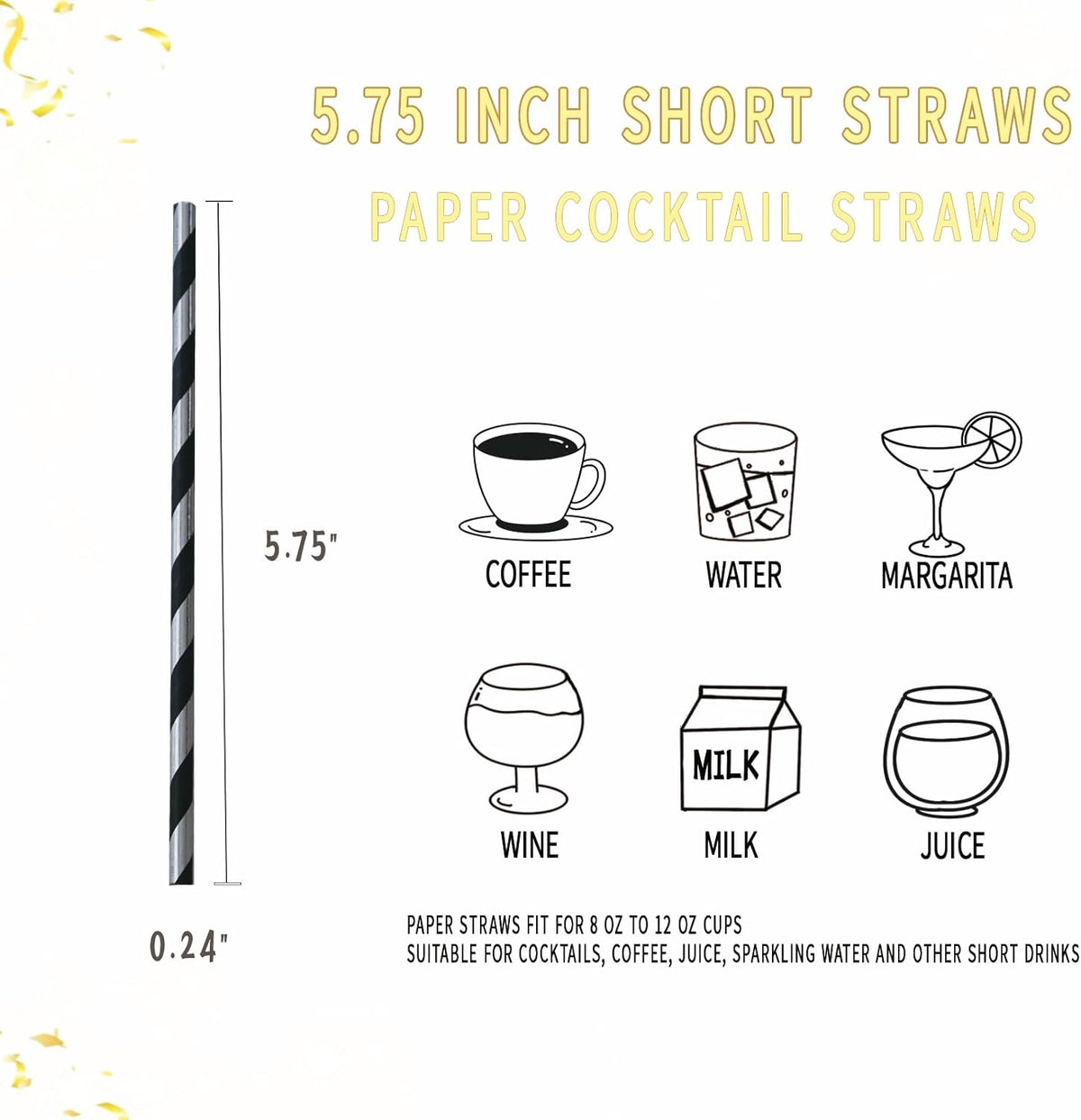 Cocktail Paper Straws - Black Silver Striped Biodegradable Disposable Drinking Straws for Brithday