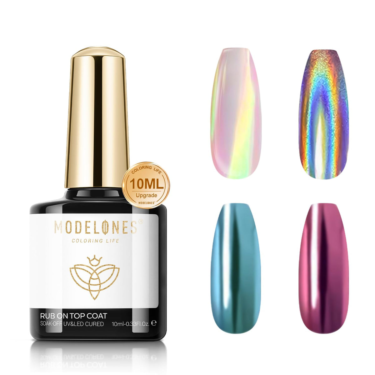 modelones Gel Top Coat for Chrome Nail Powder, Clear Mirror Shiny Chrome Top coat No Wipe Long