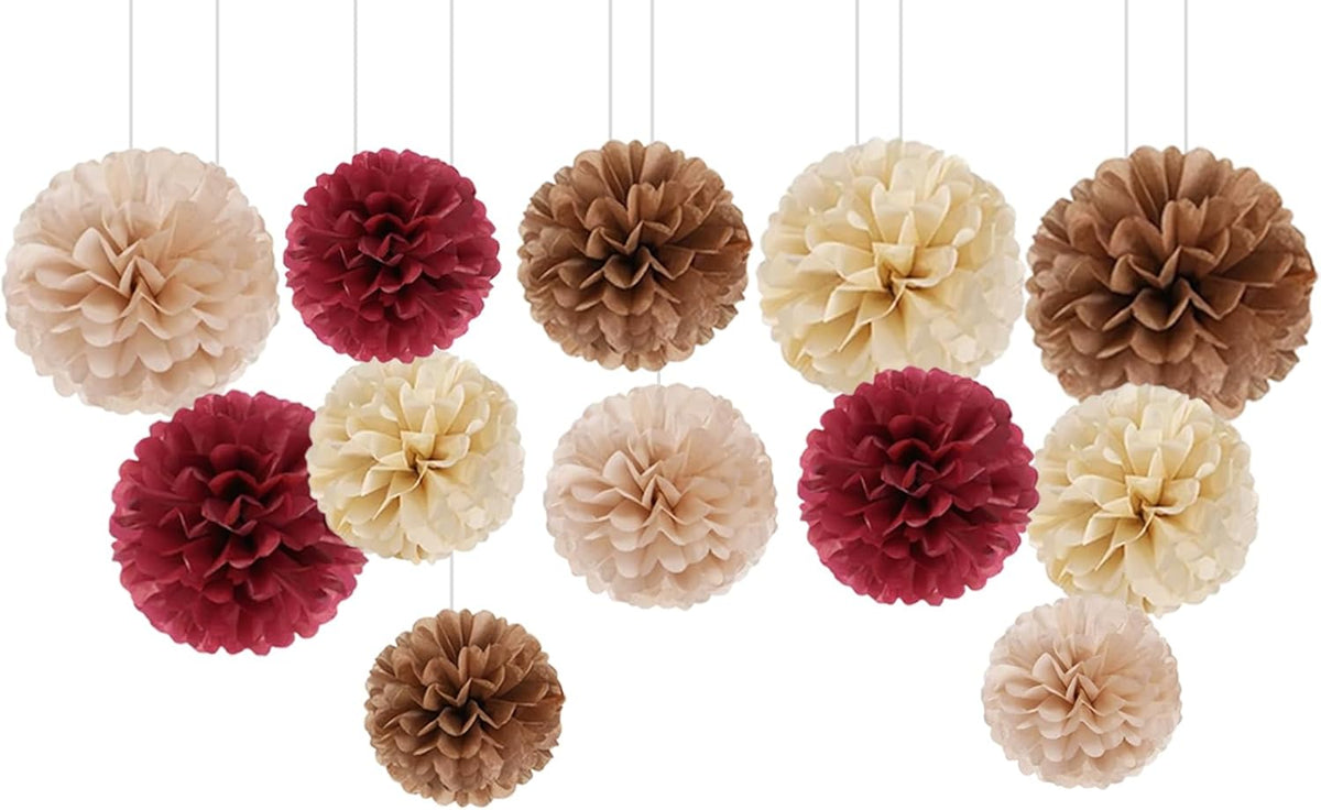 Capesaro Burgundy Beige 12PCS Paper Pom Poms Party Decorations for Engagement,Boho Wedding,Baby