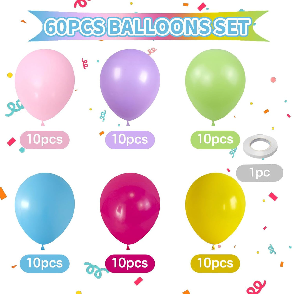 Colorful Rainbow Balloons Assorted Pink Blue Yellow Green Balloons 60PCS 12INCH Hot Pink Pastel