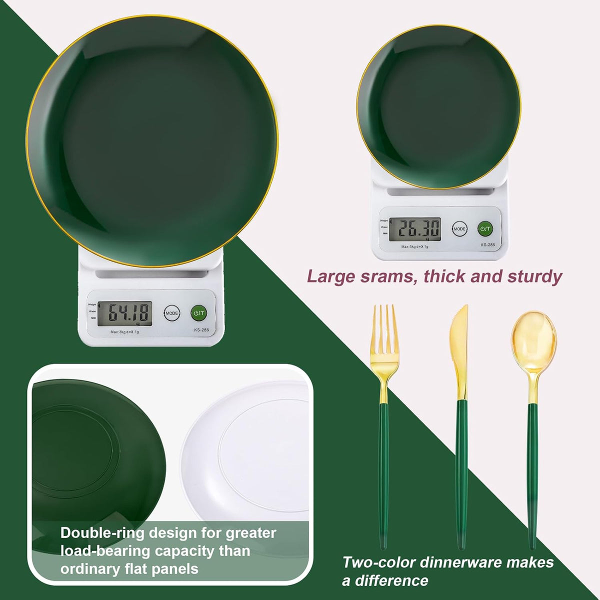 Liacere 150PCS Green Plastic Plates - Gold Plastic Silverware with Green Handle - Heavy Duty Fancy