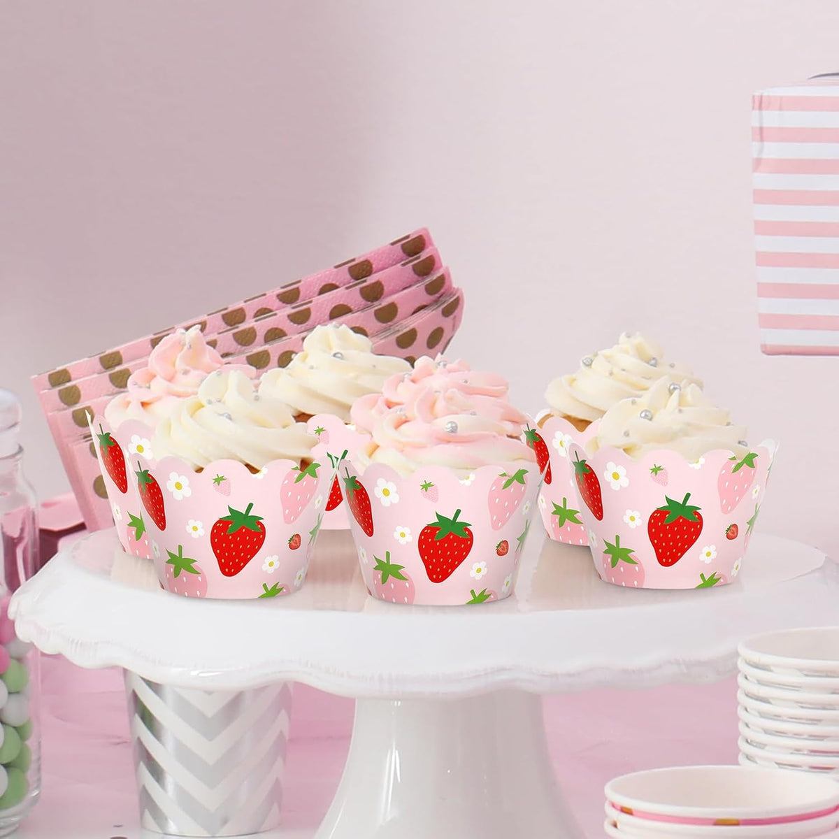 Whaline 36Pcs Strawberry Cupcake Wrappers Red Pink Strawberry Flower Cupcake Liners Decorative