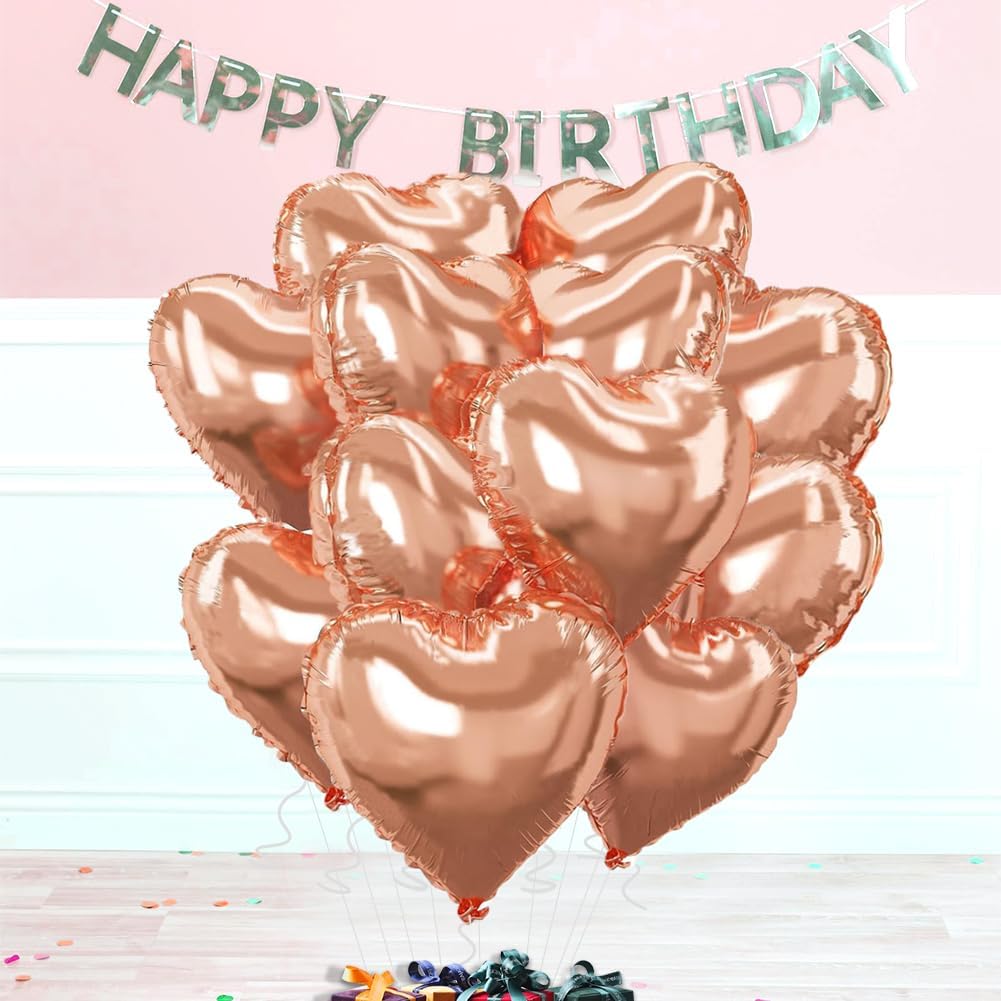Rose Gold Heart Balloons，18 Inch Foil Mylar Love Heart Shaped Balloons for Anniversary Wedding