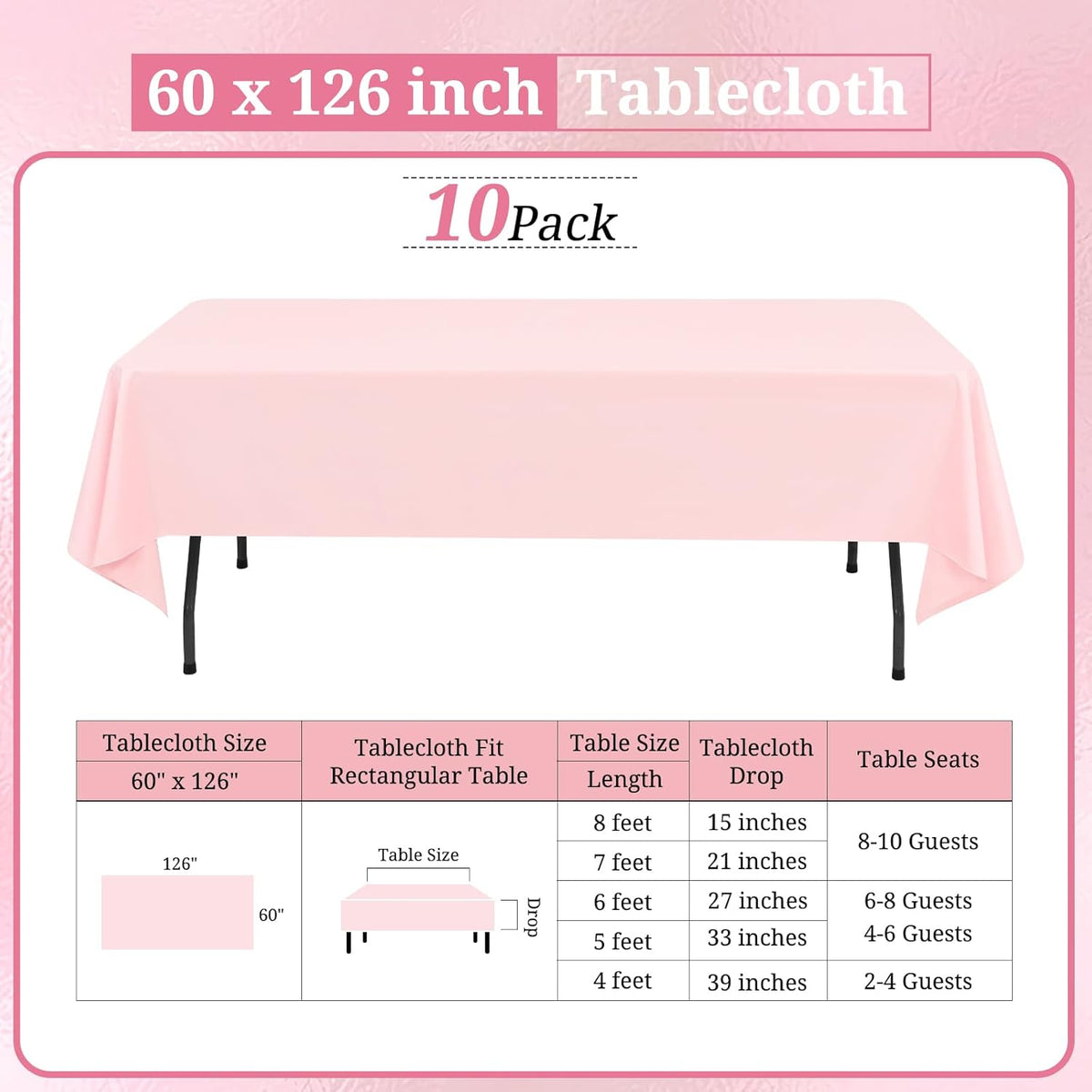 10 Pack Pink Tablecloths for 8ft Rectangle Tables 60 x 126 Inch - Polyester Table Cover Stain and
