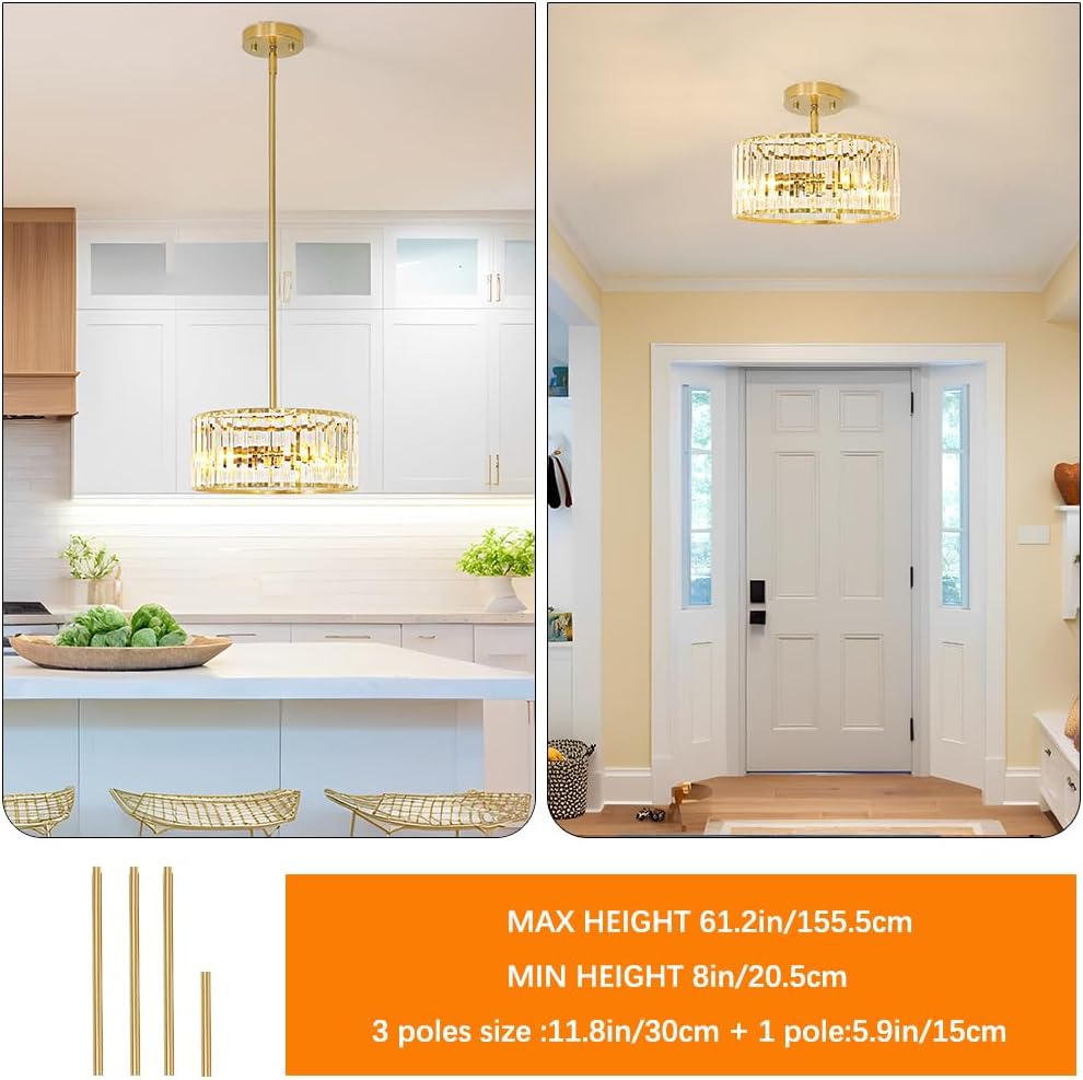 Gold Crystal Chandelier for Dining Room, 3-Light Modern Semi Flush Mount Ceiling Pendant Light