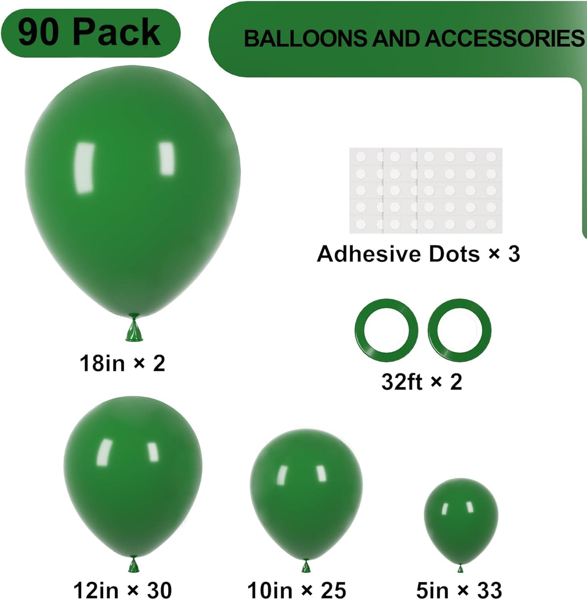 90pack Dark Green Balloons Different Size 18/12/10/5 Inch Green Balloon Garland Arch Kit for