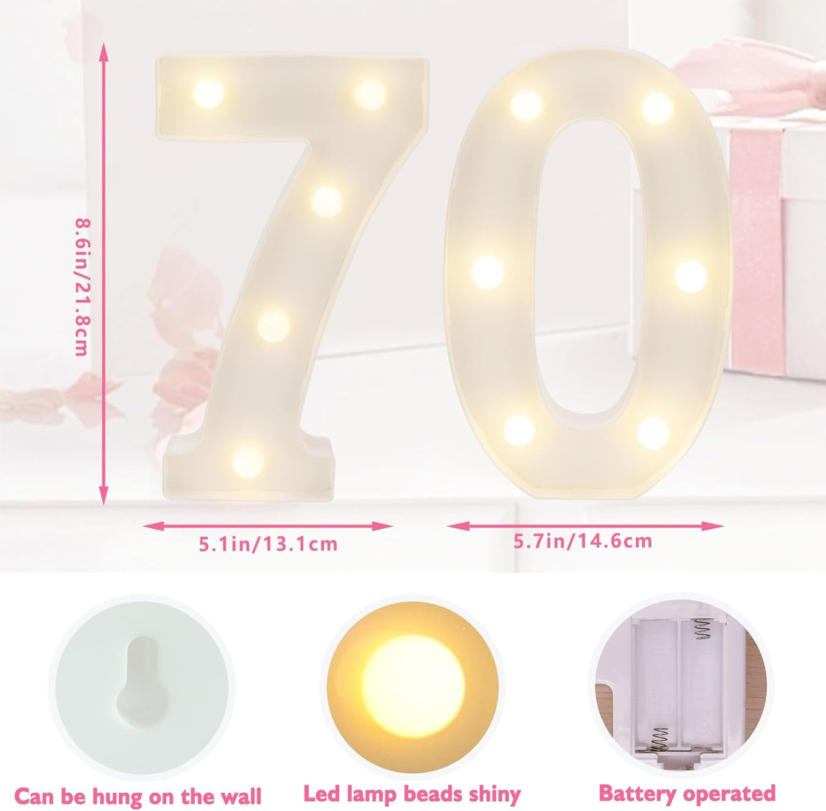 LED Marquee Letter Lights, Decorative Light Up Numbers for 70th Birthday Party, Battery Operated
