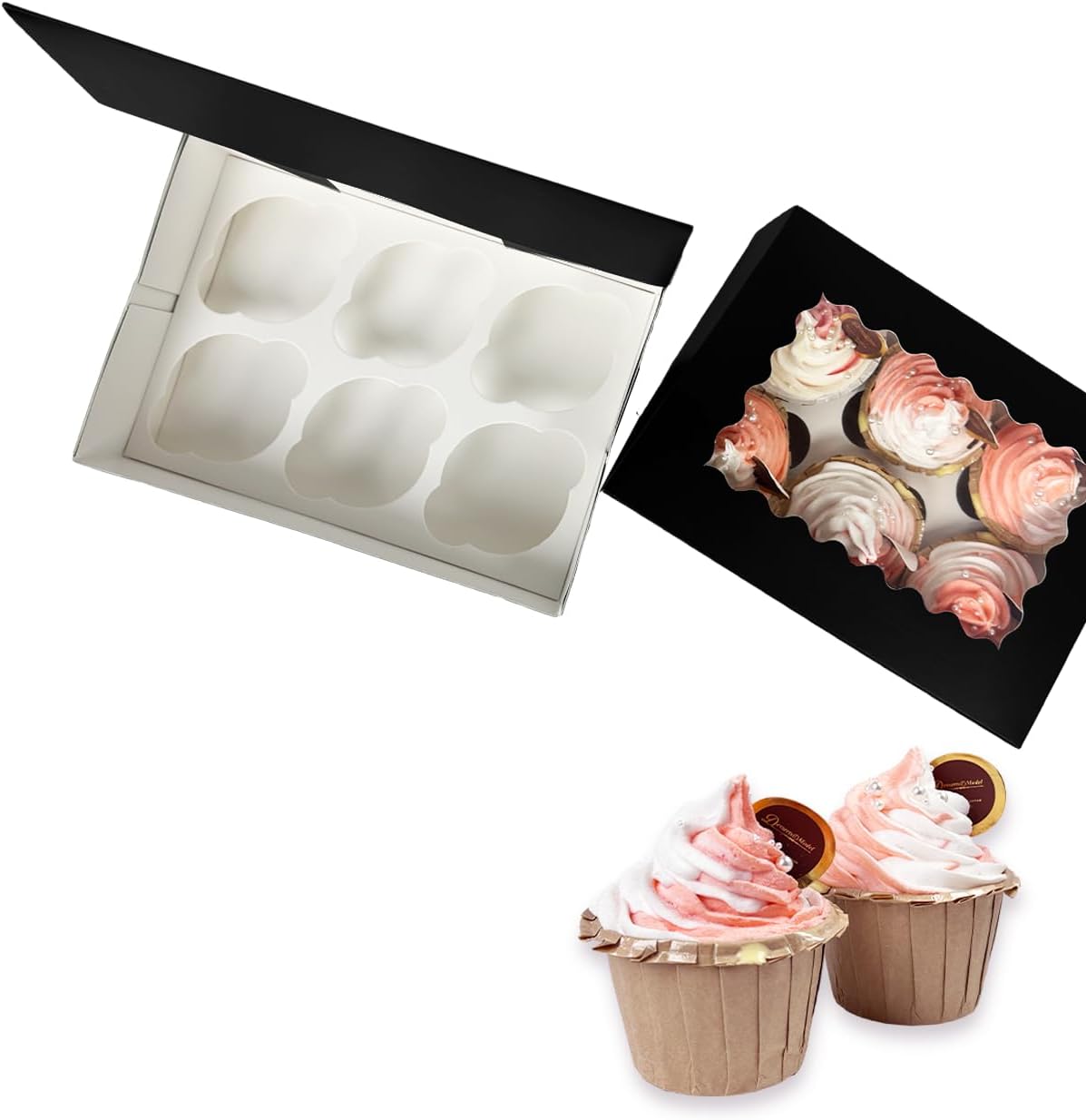 Bakepacker Auto-pop up 6 Cupcake Boxes with Window 20 Count Black Box 9.4 x 6.1 x 3 inch Cupcake