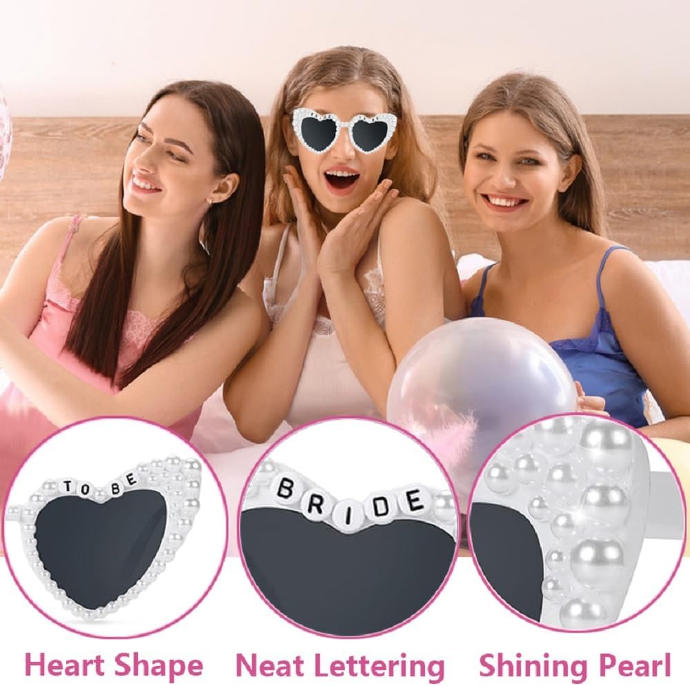 3PCS Bride To Be Veil White Print Bridal Veils Bride Sash and Pearl Sunglasses for Bachelorette