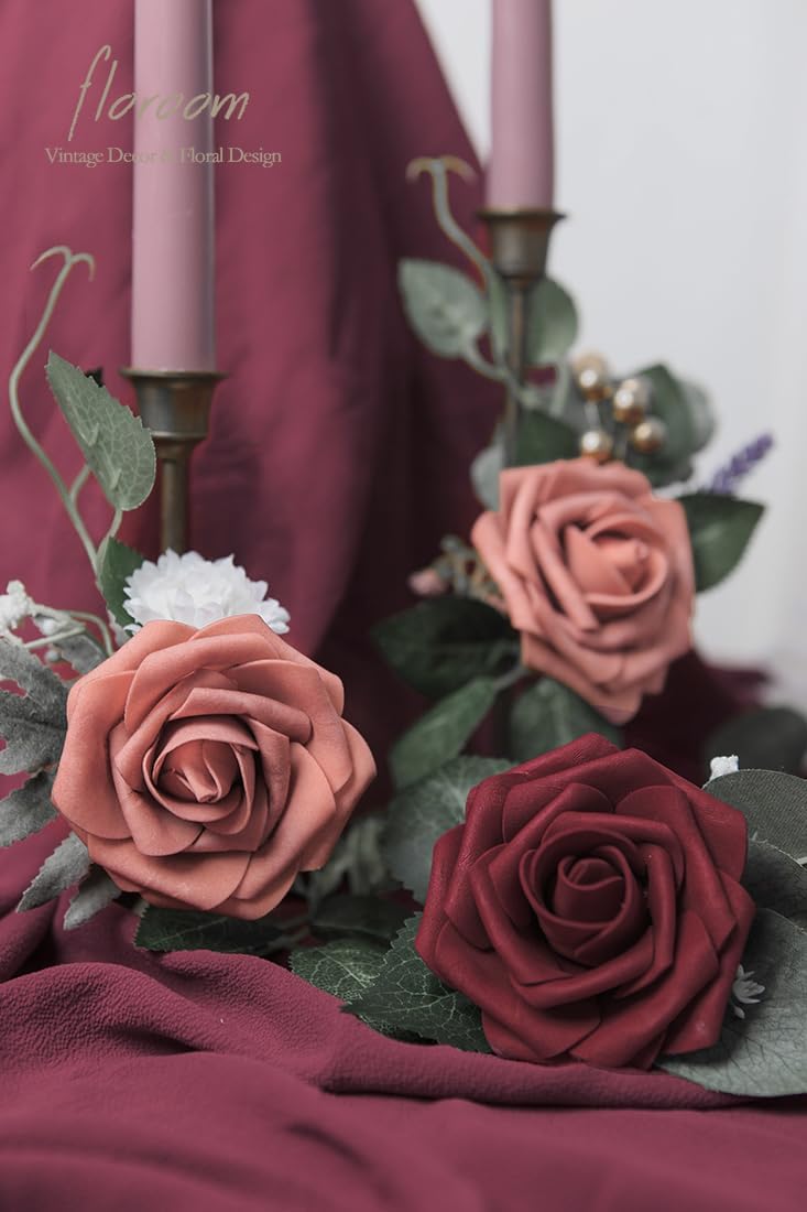 Floroom Artificial Flowers 25pcs Real Looking Dusty Pinky Cedar Foam Fake Roses with Stems for DIY
