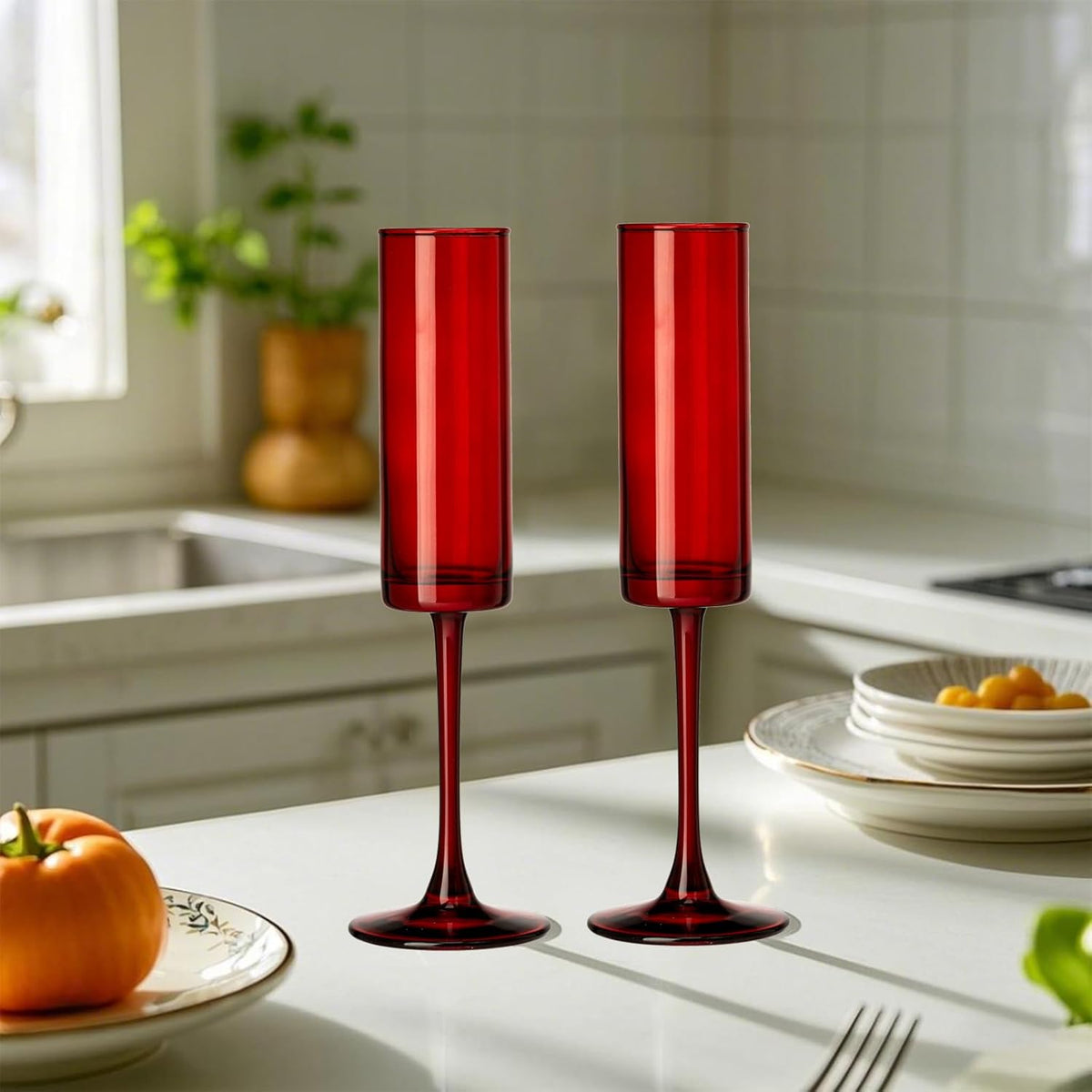 24 Pieces Red Champagne Flutes 6 OZ Straight Sided Wine Glasses Champagne Long Stem Drinking