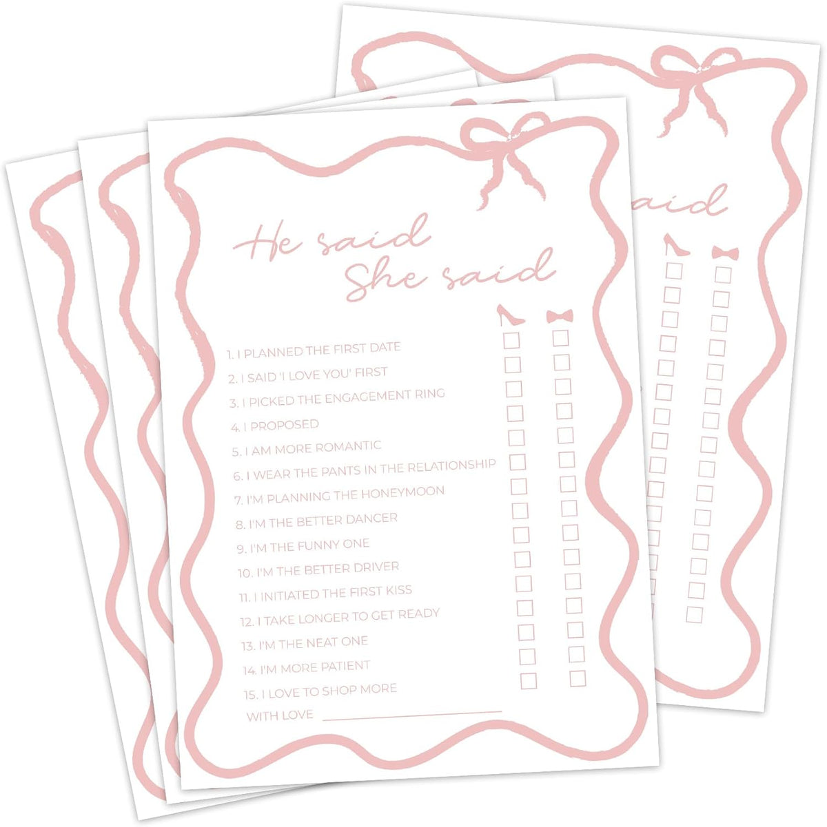 DEEKA 30 PCS Bridal Shower Games Card for 30 Guests White Pink Wavy Border Ribbon Bow Funny Wedding