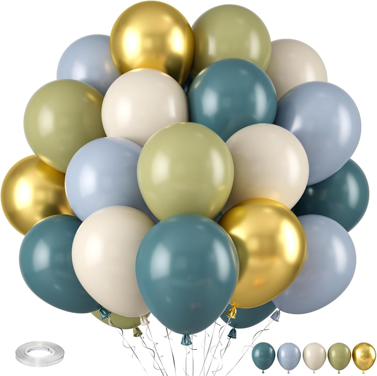 Dusty Blue Green Balloon, Sage Green and Retro Blue Balloons, Sand White Metallic Gold Sea Balloons