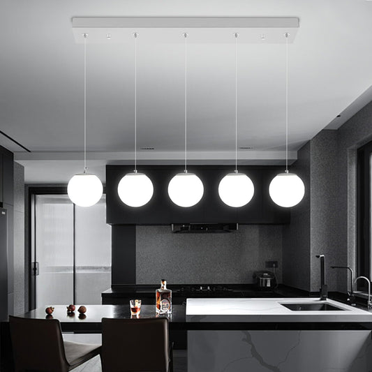 5-Lights Globe Pendant Light for Kitchen Island H 98" Silver Rectangle Chandelier Milk White Glass