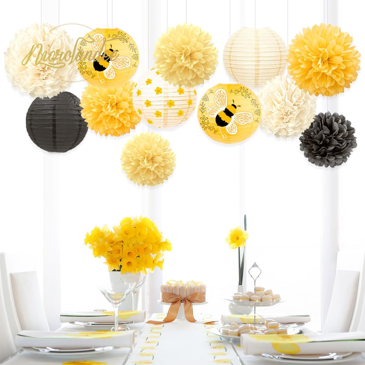 NICROLANDEE Bee Party Decorations, 12PCS Yellow Hanging Paper Lanterns Tissue Pom Poms Decor for