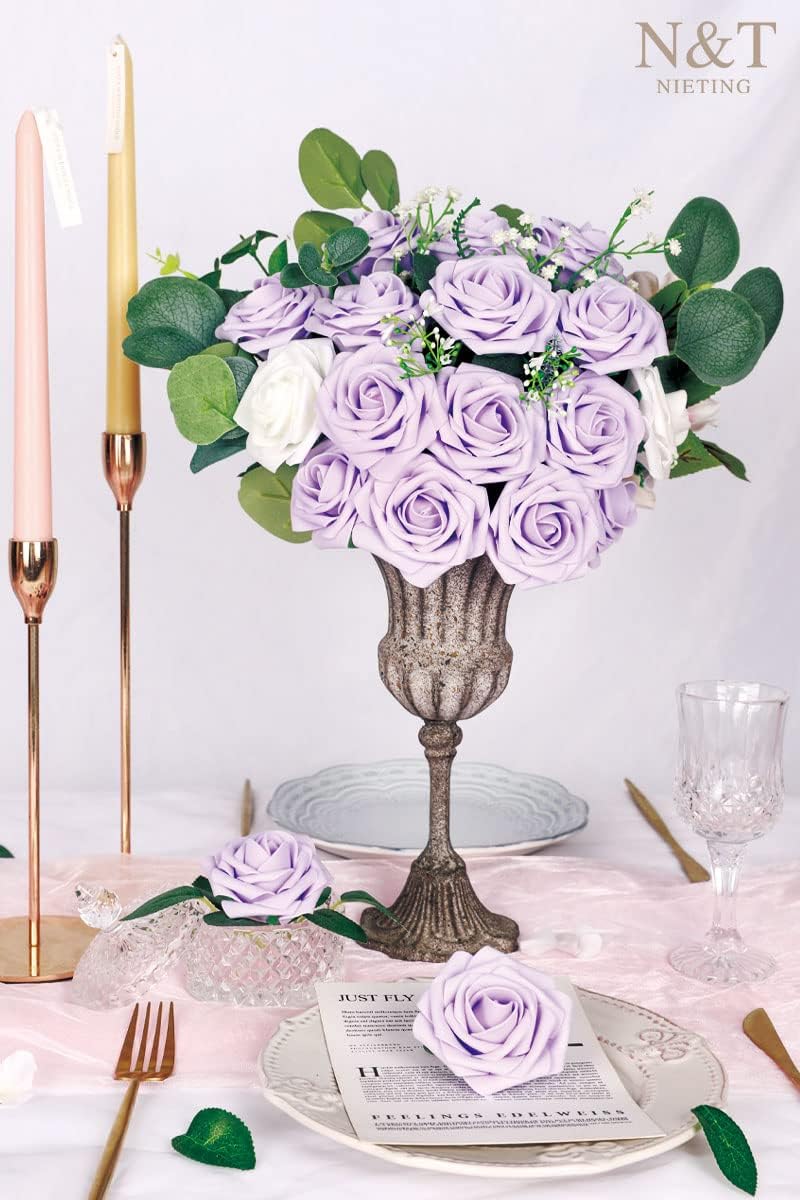 N&T NIETING Artificial Flowers, 50pcs Lavender Fake Rose Flowers with Stem for DIY Wedding Bouquets