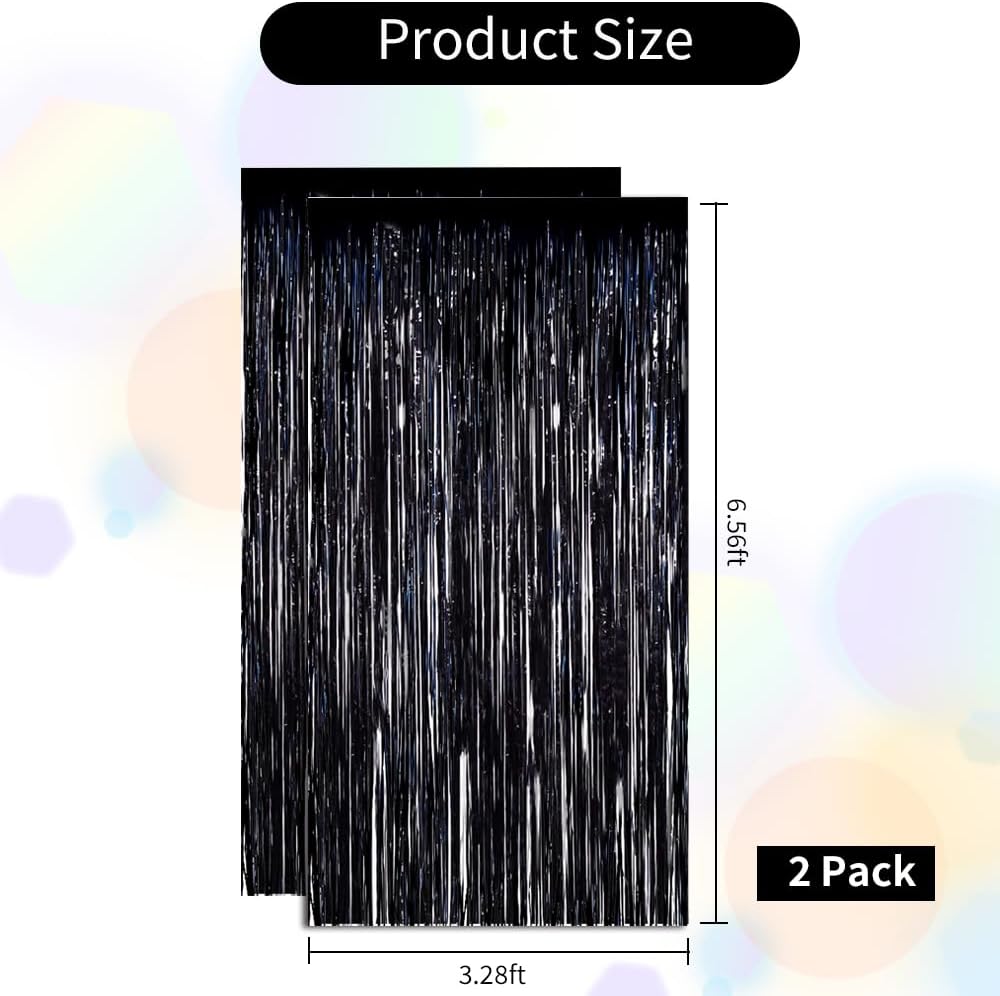 BEISHIDA 2 Pack Foil Fringe Curtain,Black Tinsel Metallic Curtains, Photo Backdrop Streamer Curtain