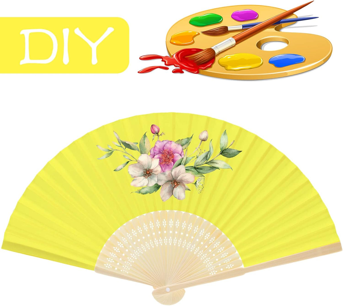 FEPITO 20 Pieces Handheld Yellow Paper Fan Paper Folding Fans with Bamboos for Wedding Gift, Party