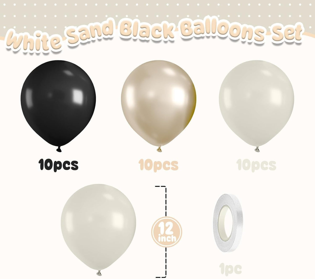 White Sand Black Balloons Set,12Inch Black Cream White Balloons for Wedding Bridal Shower