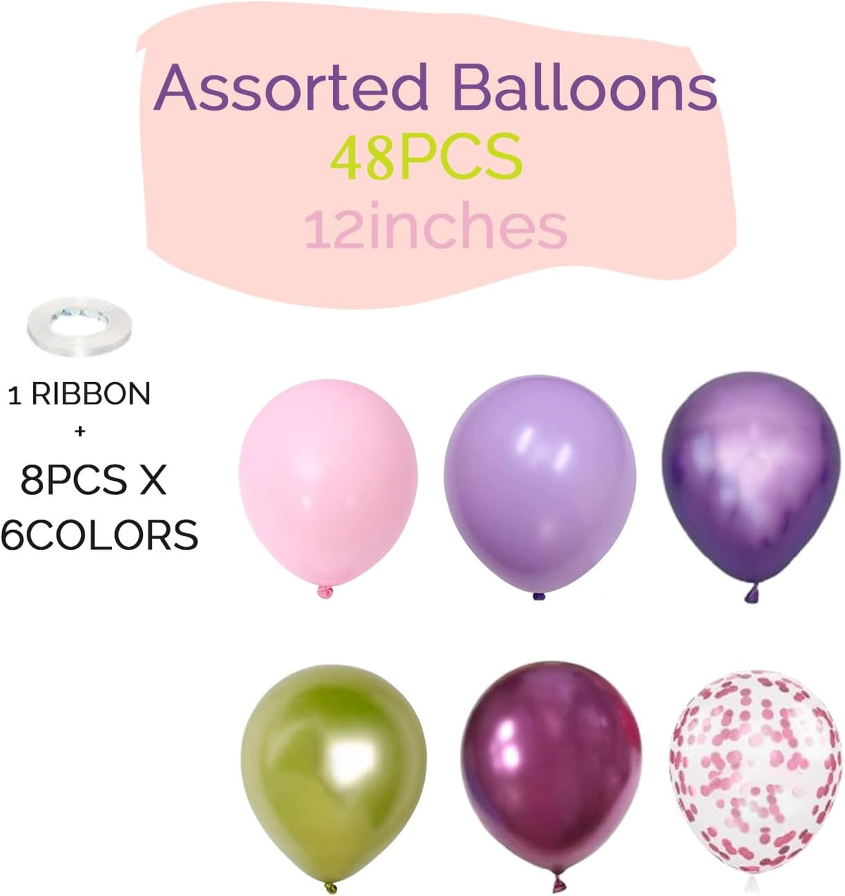 Light Pink Purple Green Balloons Birthday Party Decorations-48Pcs 12inch Assorted Metallic Hot Pink