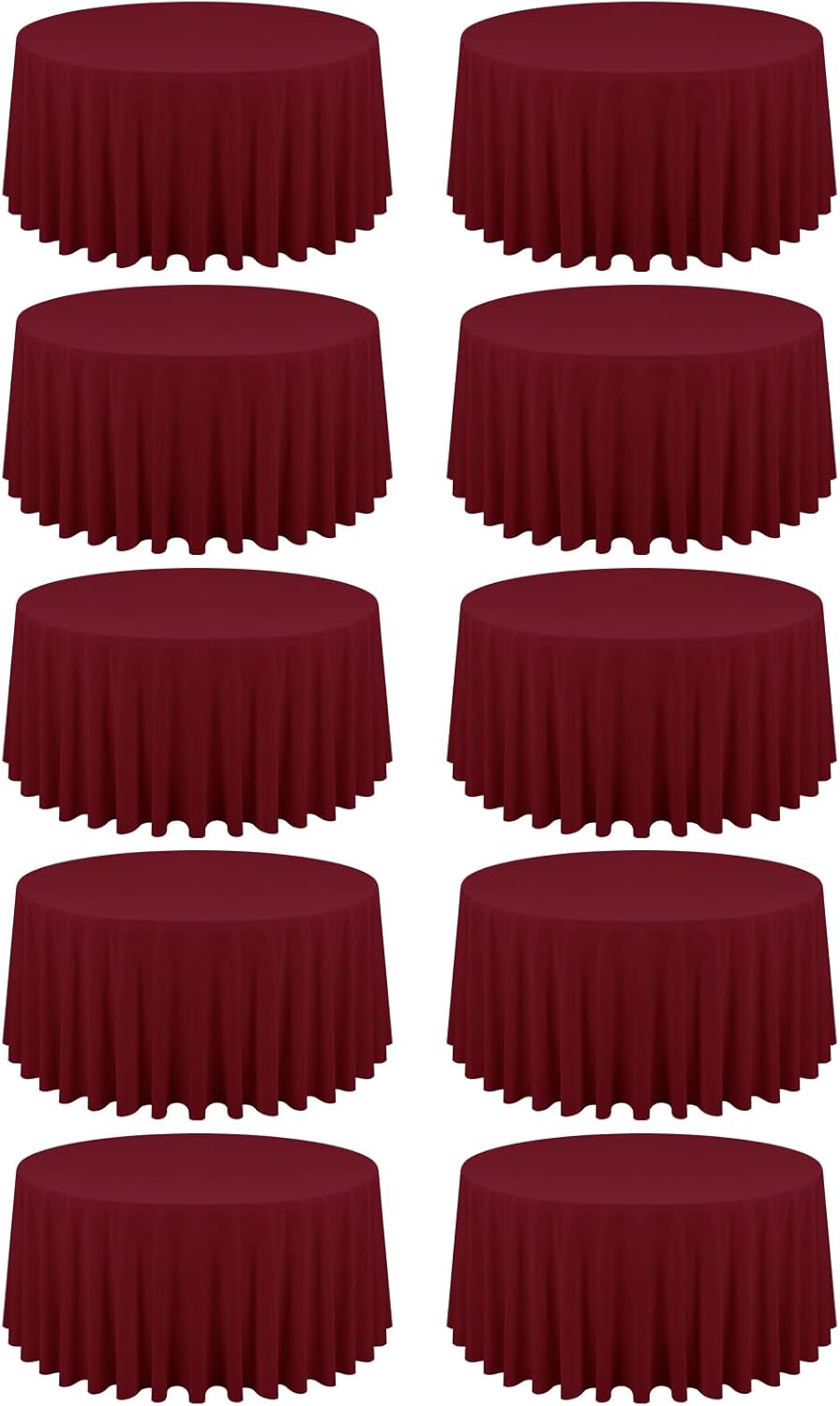 10 Pack Burgundy Round Tablecloths - 120 Inch, Polyester Table Cover for Round Table, Stain and