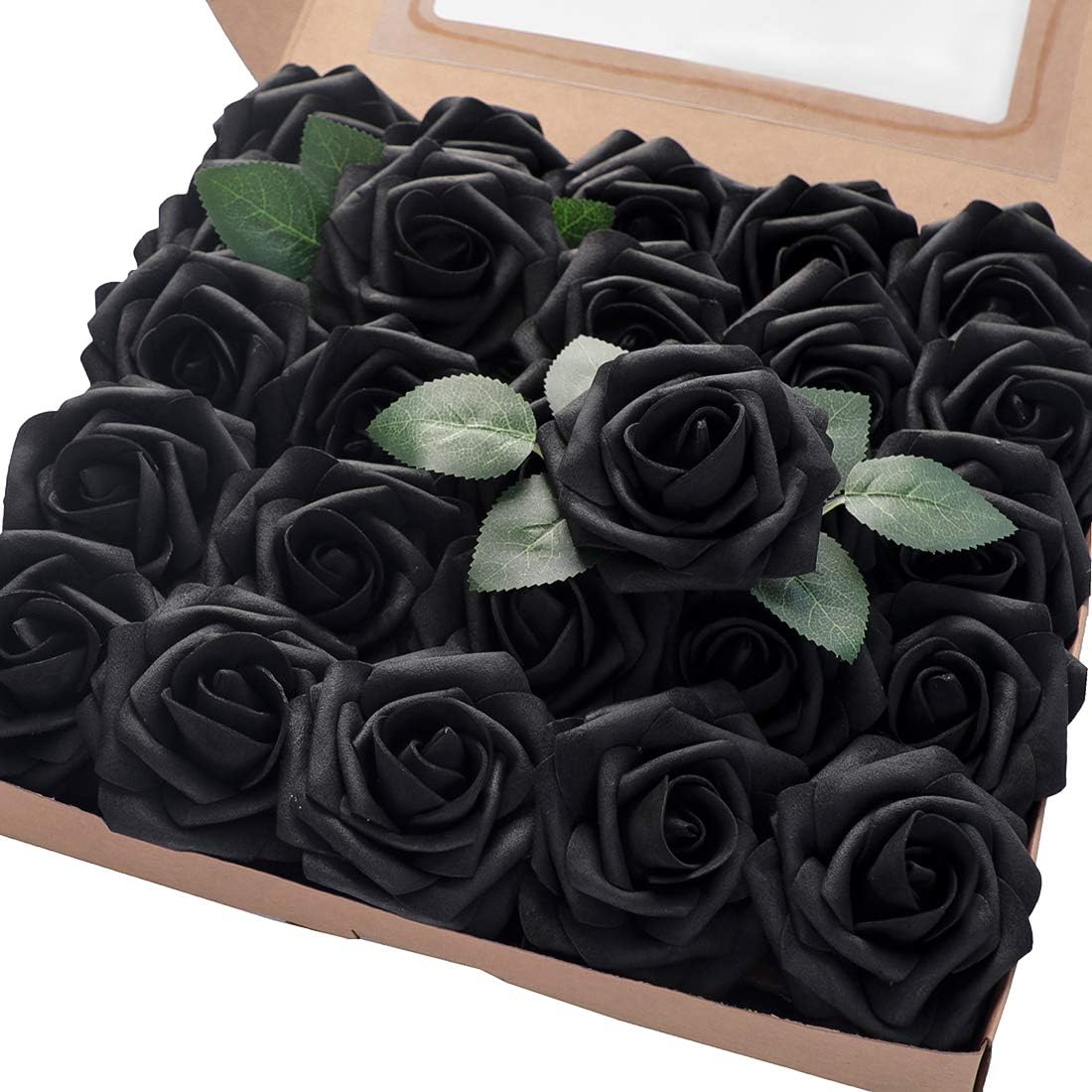 Floroom Artificial Flowers 25pcs Real Looking Black Foam Fake Roses with Stems for DIY Wedding