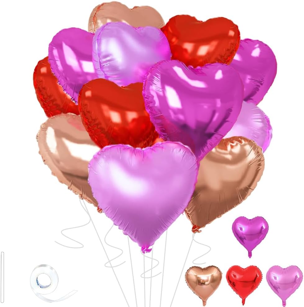 Rose Gold & Red Heart Balloons，18 Inch Purple Foil Love Heart Shaped Balloons for Bridal Wedding