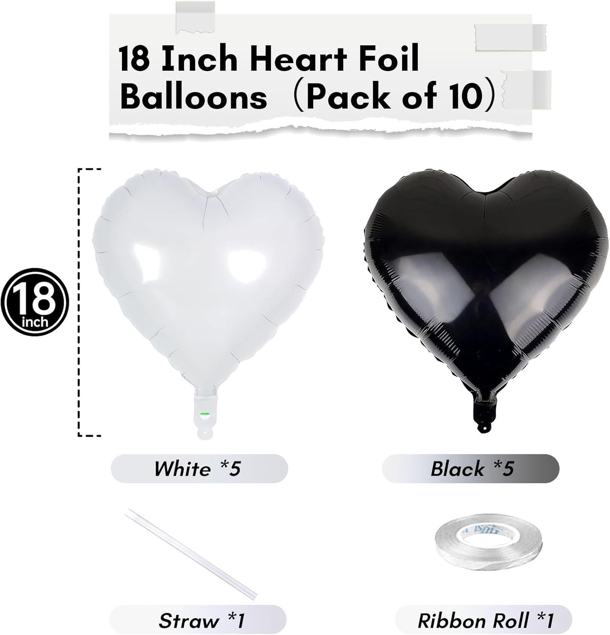 Black White Heart Balloons, 18 Inch Large Matt Black and White Heart Shape Foil Helium Balloon for